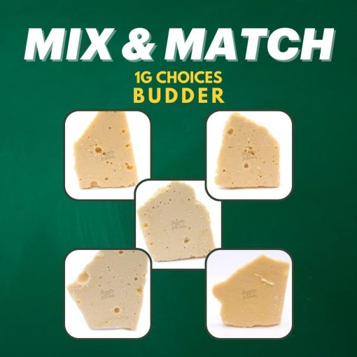Mix and Match up to 13g of Budder and get 20% off! (minimum 3g). Select from Sour Diesel, Death Bubba, Ice Cream Cake, Gorilla Glue, and Girl Scout Cookies.